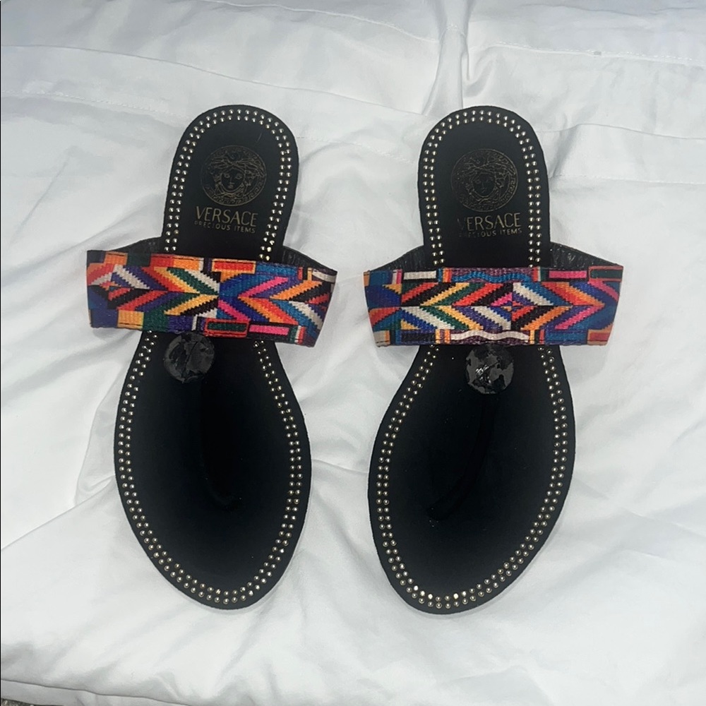 Versace Black Sandals with Multicolor Strap